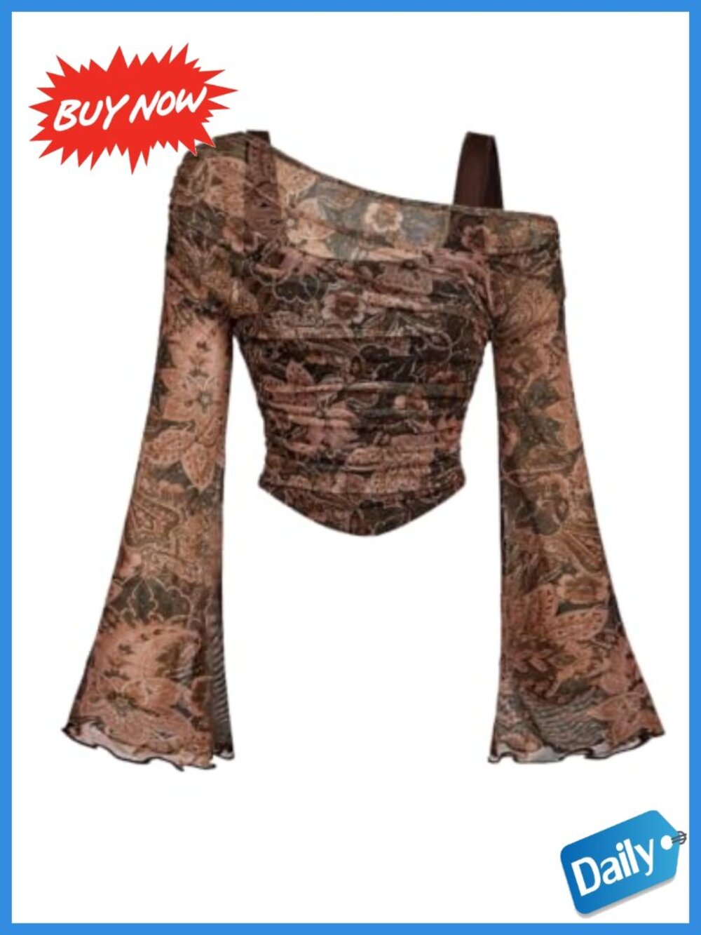 70s Paisley Print Asymmetrical Long Sleeve Boho Mesh Top